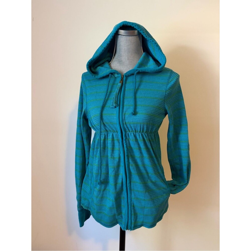 Y2K Billabong Waffle Texture Teal Striped Hooded Babydoll Zip Jacket
